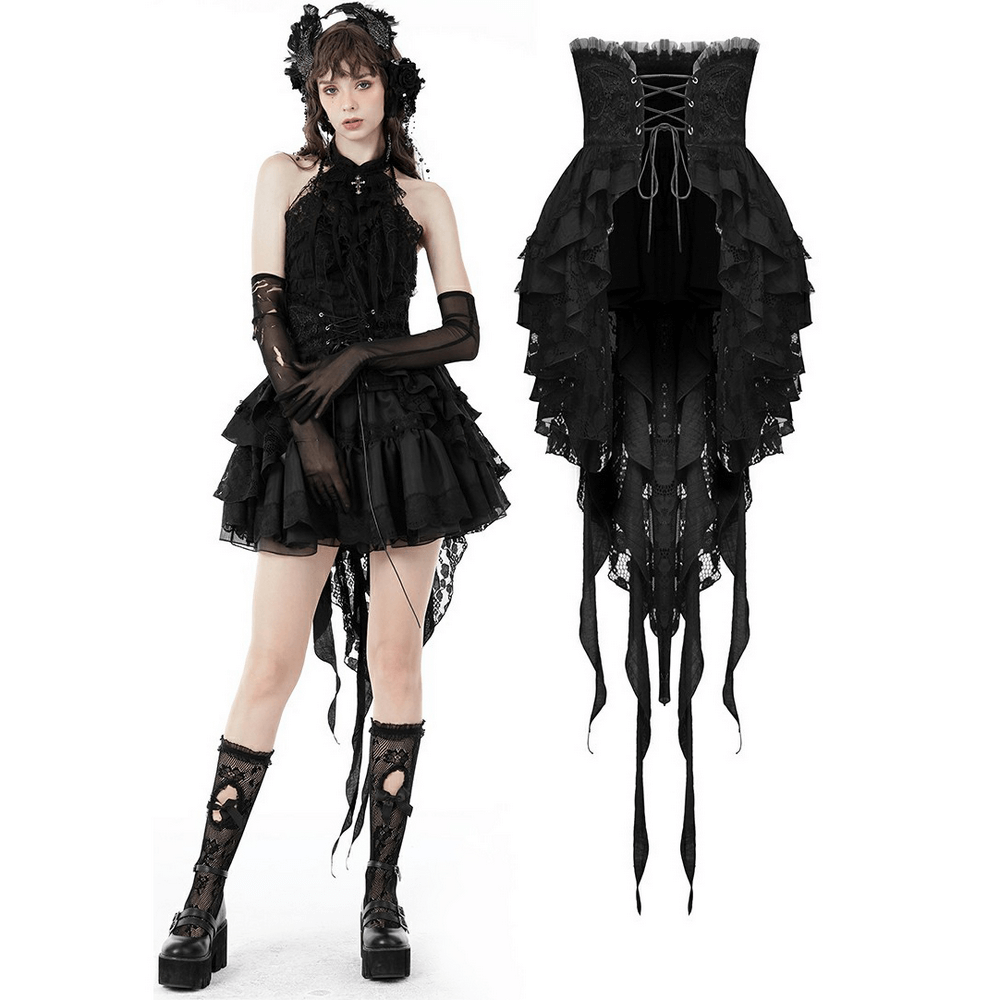 Gothic black lace mini skirt with corset belt detail, perfect for an alternative fashion statement.