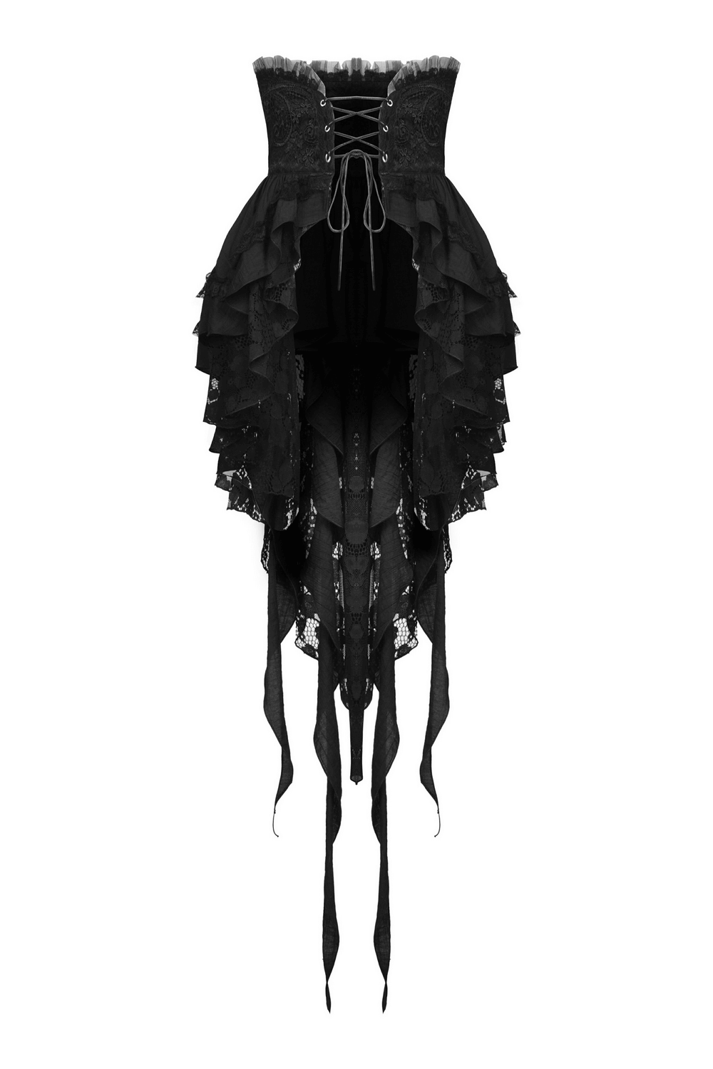 Gothic lace skirt with edgy corset belt detail, featuring intricate lace and ruffles for alternative fashion style.