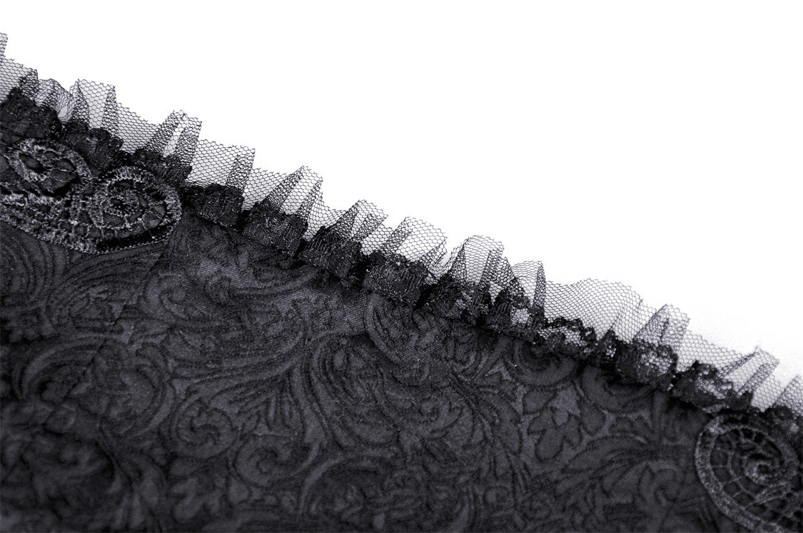 Close-up of intricate black lace showcasing ornate patterns and delicate ruffles, perfect for gothic fashion.