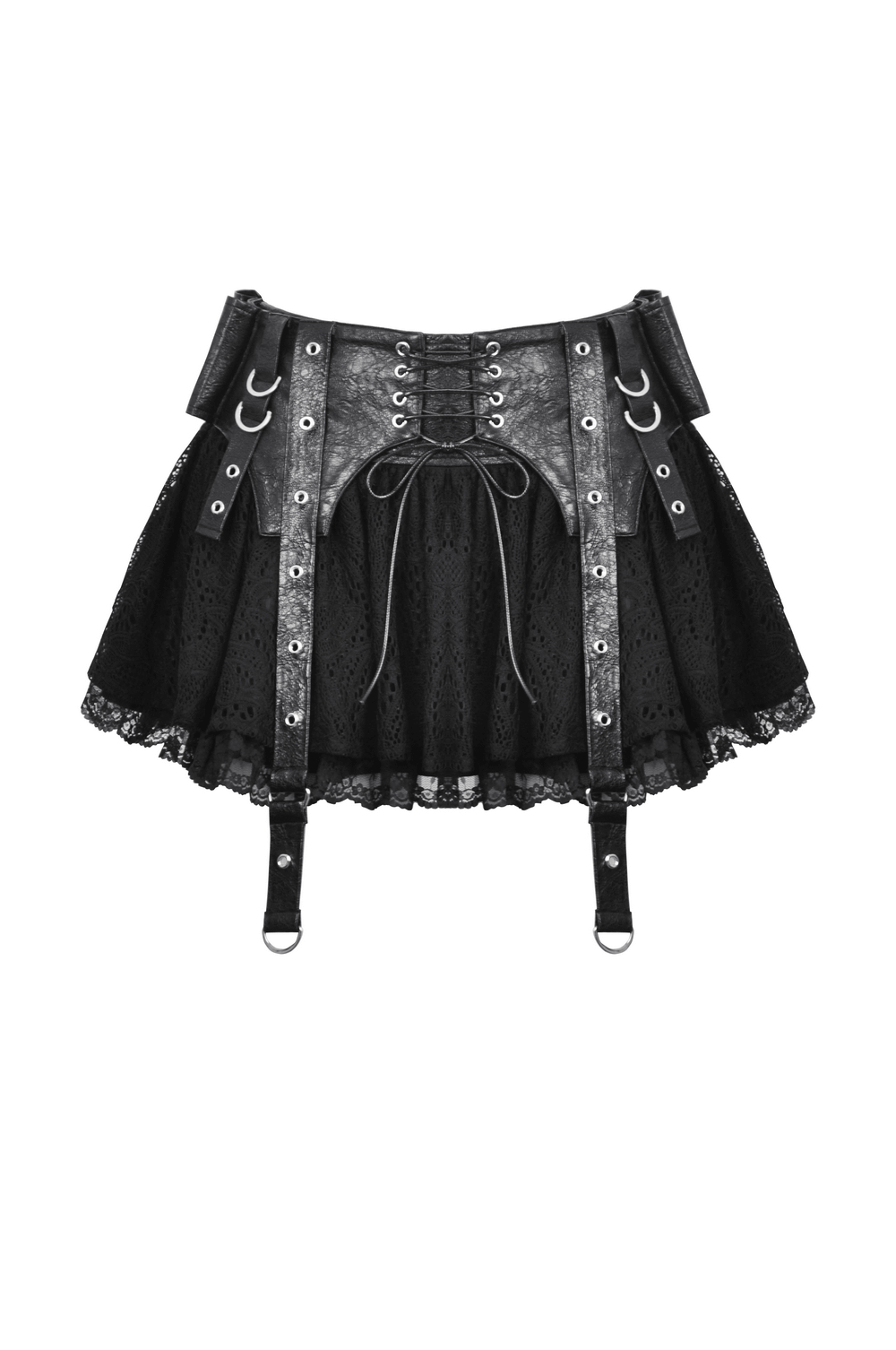 Gothic lace skirt with faux leather corset detailing for an edgy alternative style.