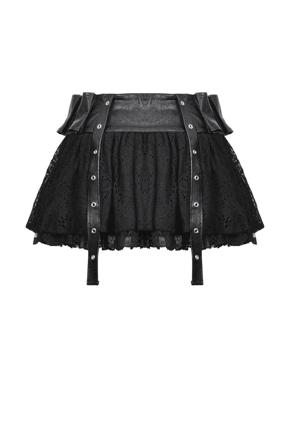 Gothic lace skirt with faux leather corset detailing and adjustable lacing for alternative fashion lovers.