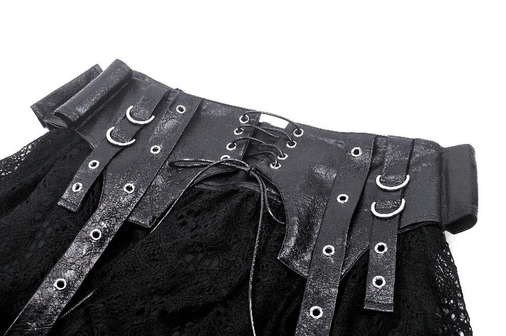 Gothic lace skirt with faux leather corset detailing and adjustable lacing, perfect for alternative style.