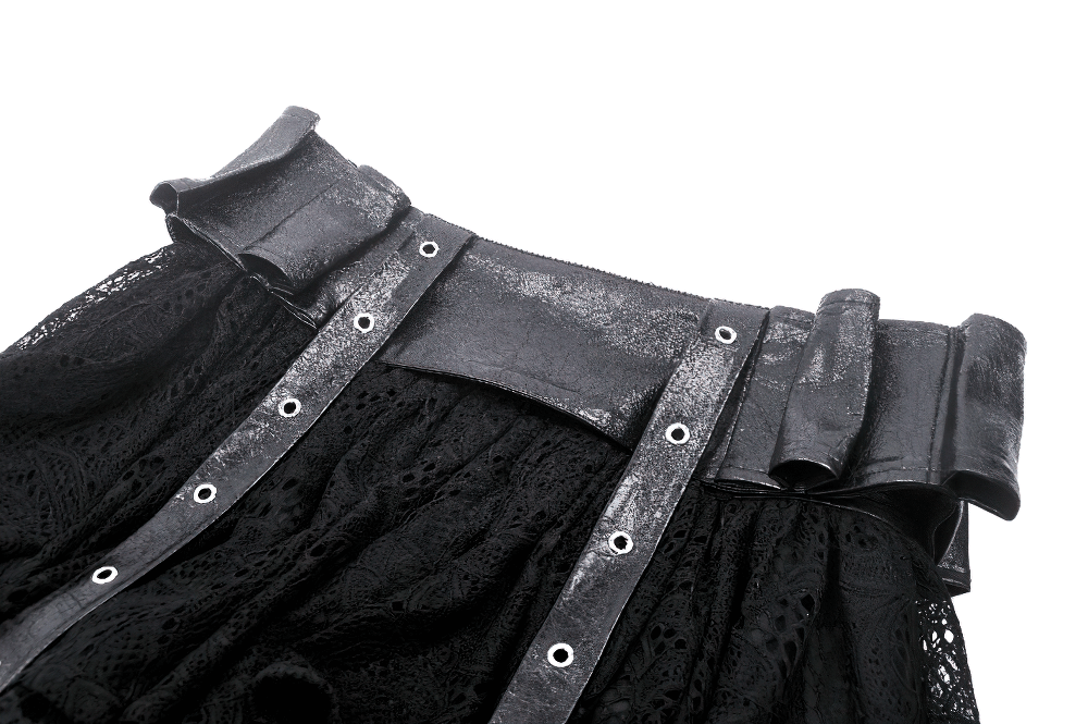 Gothic lace skirt with faux leather corset belt and adjustable lacing for alternative fashion lovers.