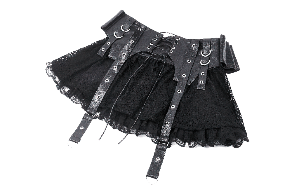 Gothic lace skirt with faux leather corset detailing featuring adjustable laces and metal accents.