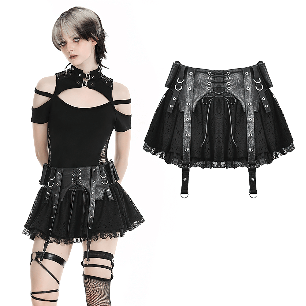 Gothic Lace Skirt with Faux Leather Corset Detailing