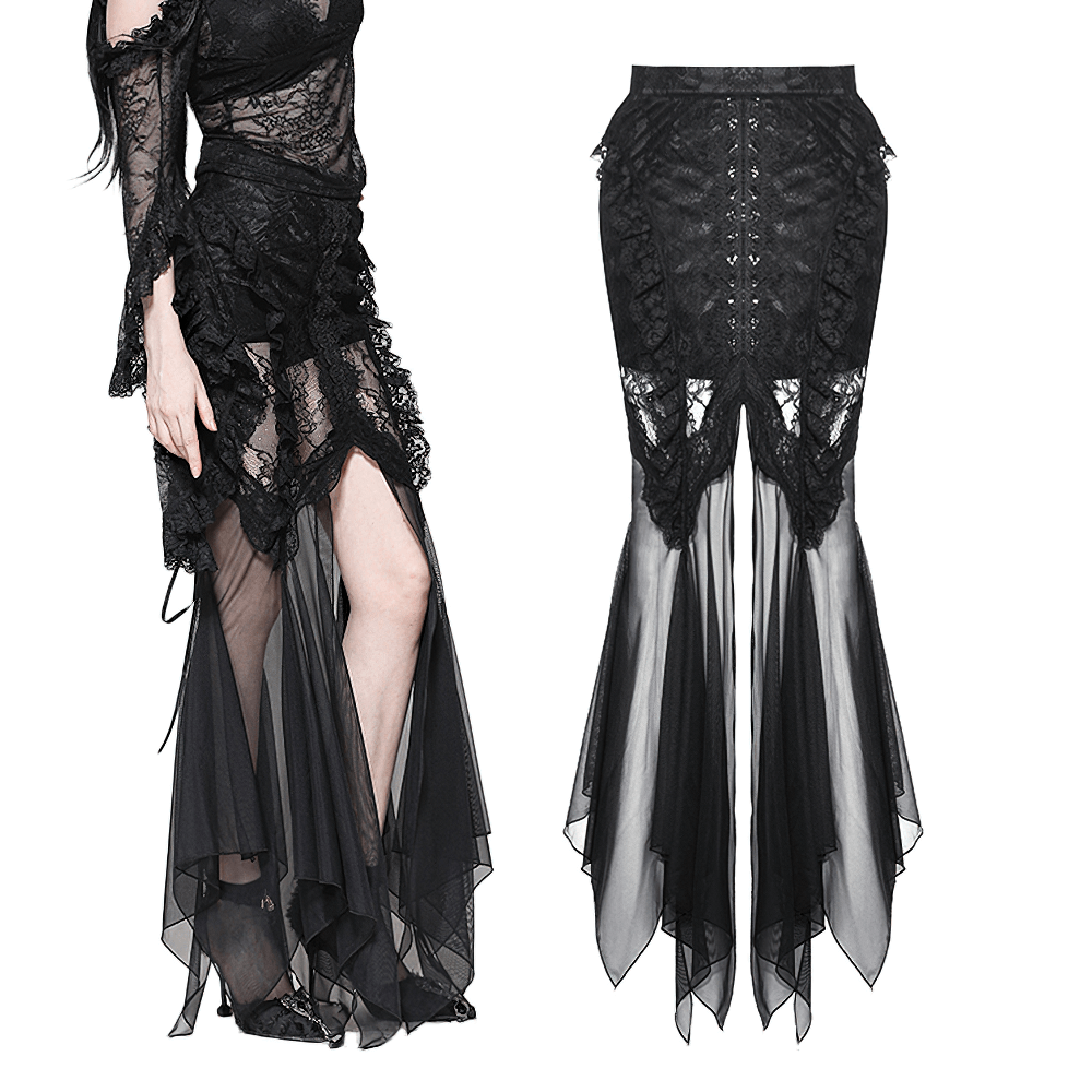 Gothic lace skirt with sheer mesh and high-low hem, perfect for alternative fashion and dramatic evening wear.