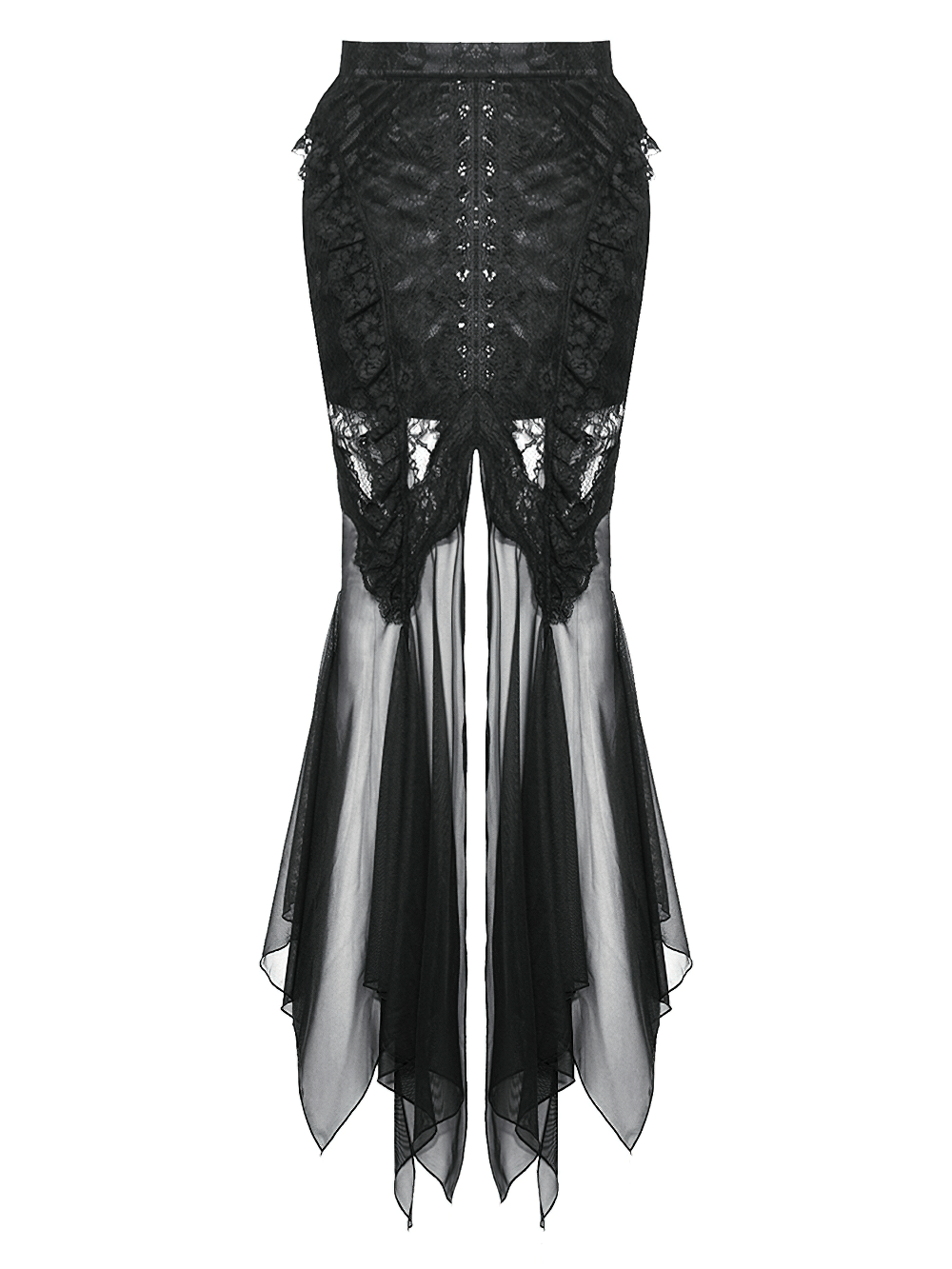 Gothic lace skirt with sheer mesh and high-low hem, perfect for alternative fashion and evening wear.