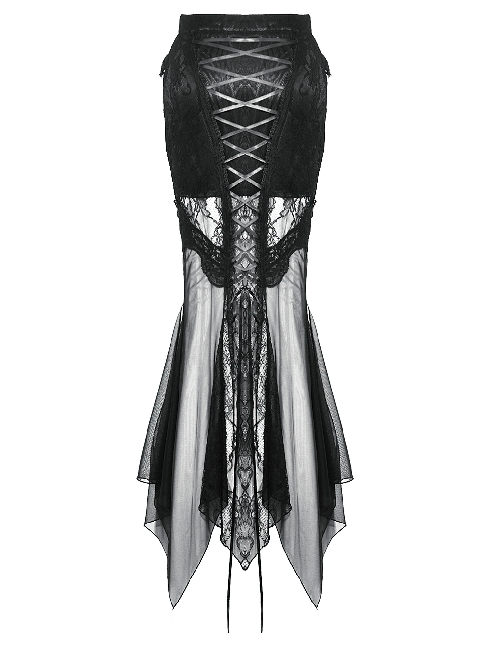 Gothic lace skirt with sheer mesh panels and high-low hem, featuring a dramatic lace-up back for a striking silhouette.