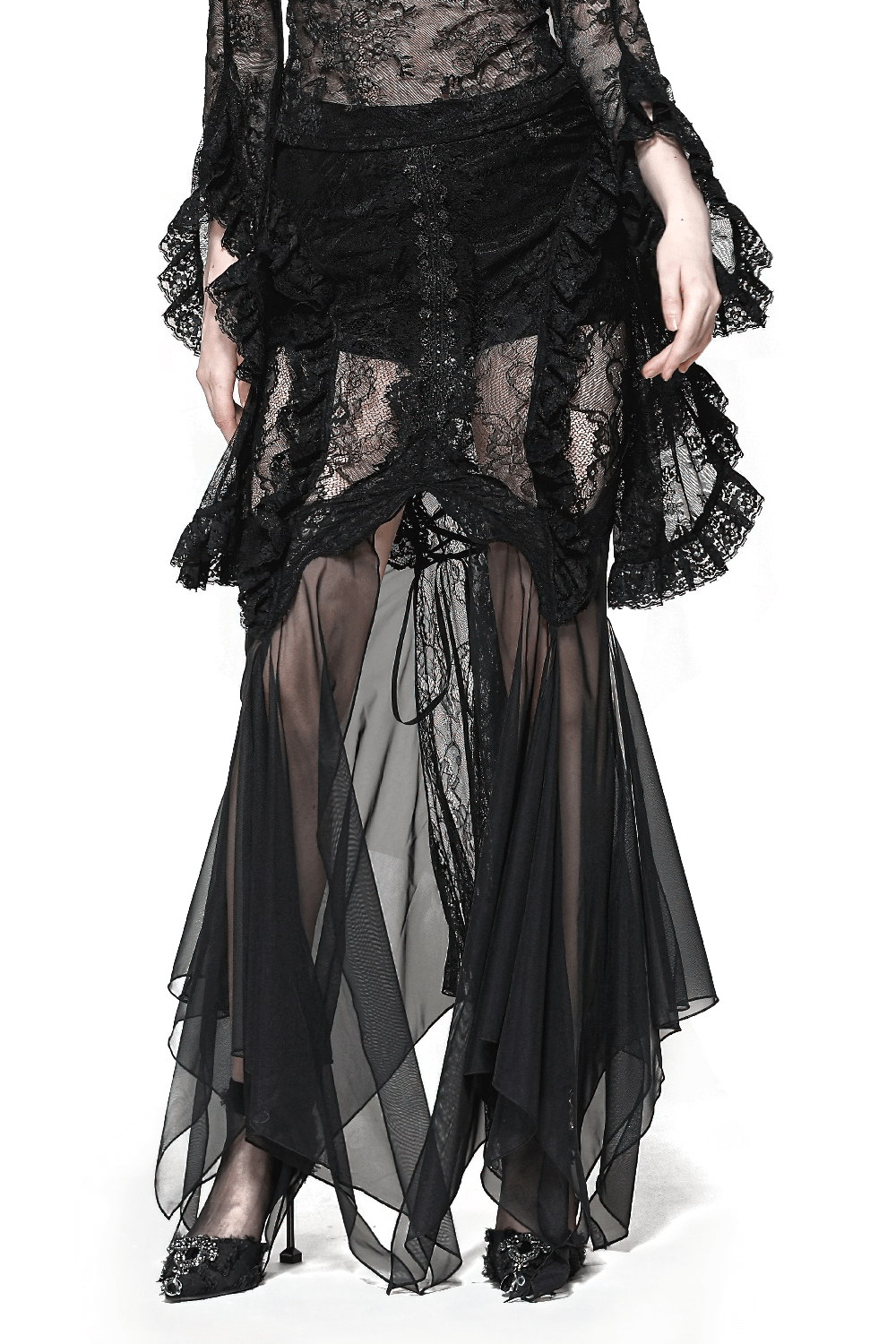 Gothic lace skirt with sheer mesh, high-low hem, and lace panels, embodying dark Victorian elegance.