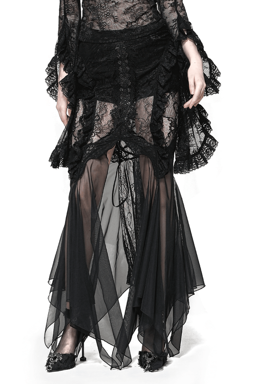 Gothic Lace Skirt with Sheer Mesh and High-Low Hem