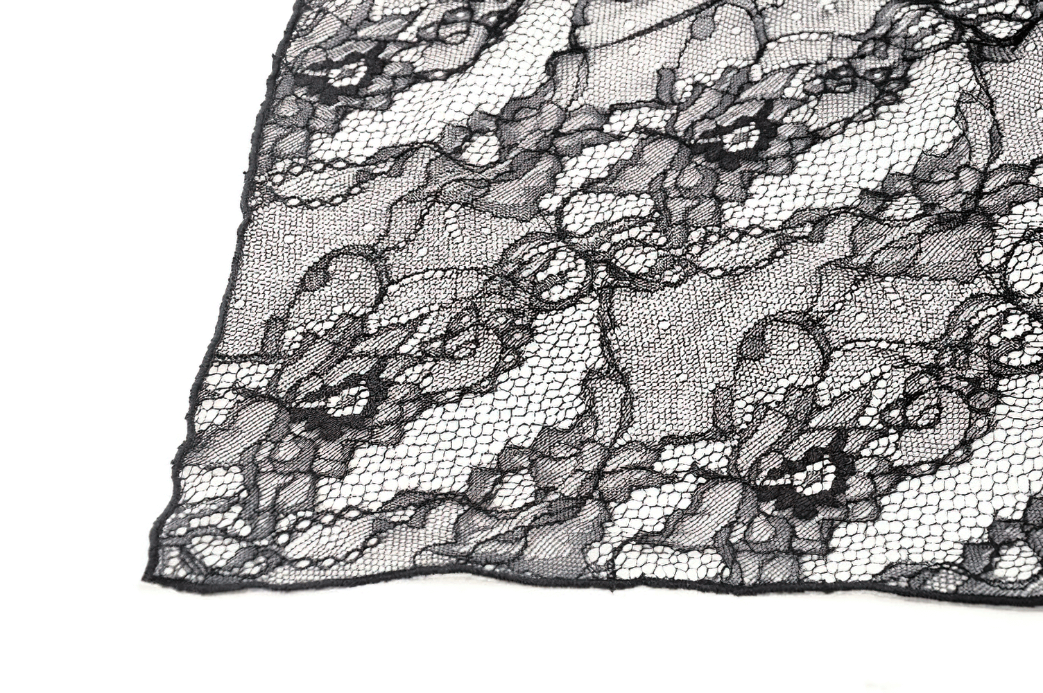 Close-up of intricate black lace fabric featuring floral patterns and fine details perfect for gothic fashion.