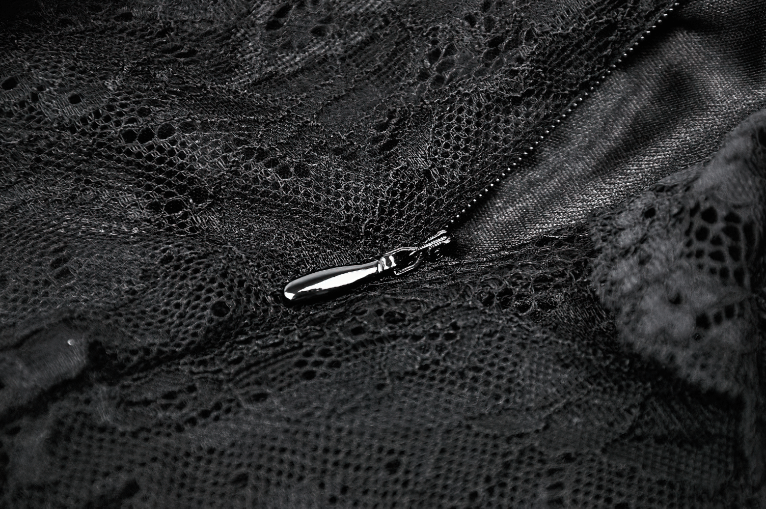 Close-up of intricate black lace fabric with zipper detail, showcasing gothic elegance and Victorian-inspired design.