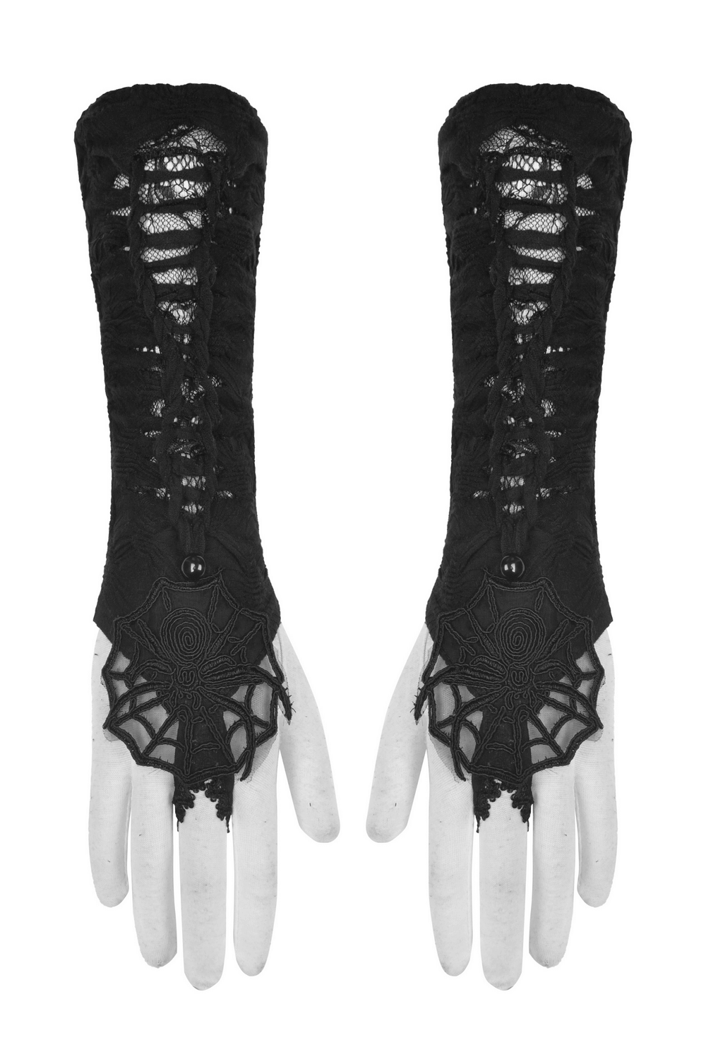 Gothic Lace Spiderweb Fingerless Gloves for Women featuring black lace with spider motif and elegant button detail.
