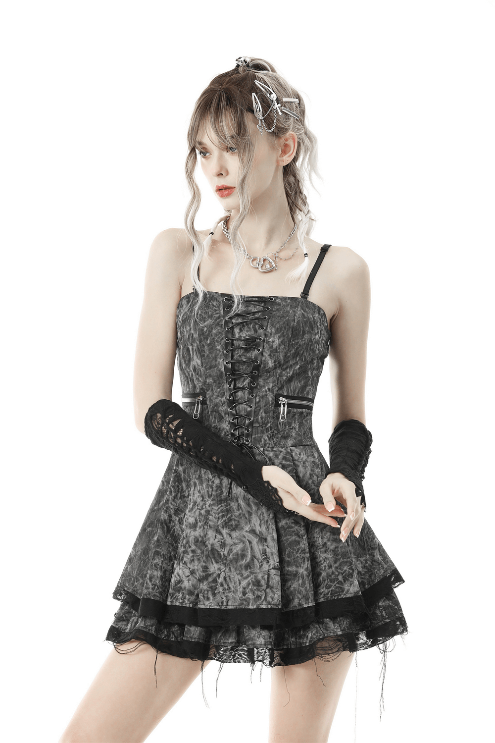 Gothic Lace Spiderweb Fingerless Gloves for Women paired with a stylish gray gothic dress and lace accents.