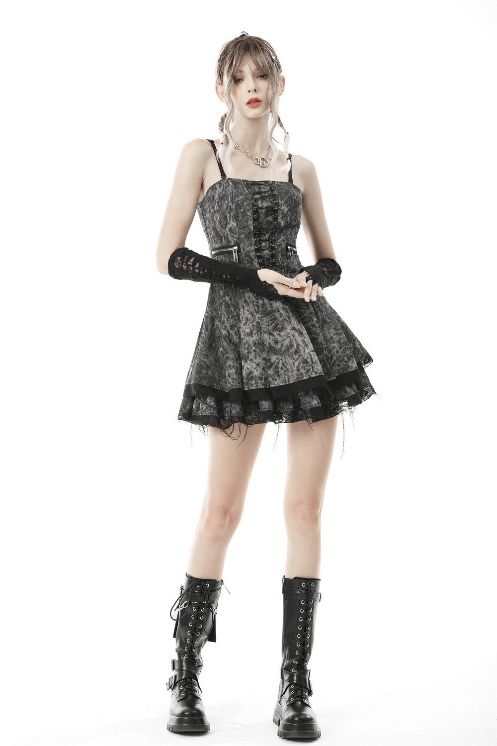 Gothic Lace Spiderweb Fingerless Gloves for Women worn with a stylish black dress, embracing dark romance and alternative fashion.