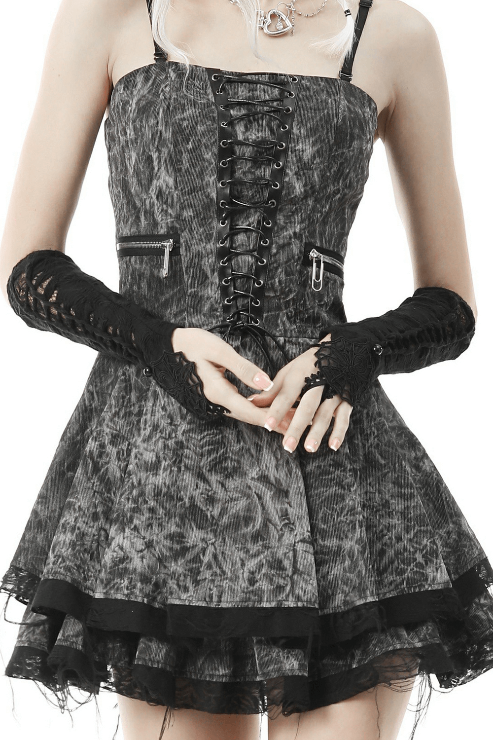 Gothic Lace Spiderweb Fingerless Gloves for Women paired with a gothic lace dress showcasing elegant dark romance style.