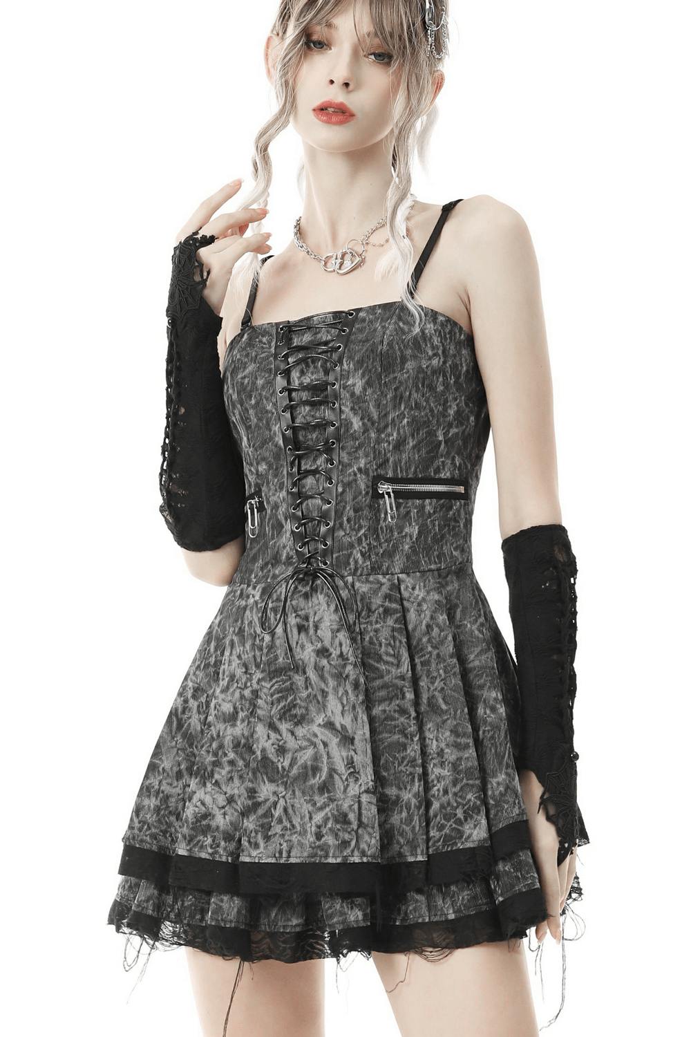 Gothic Lace Spiderweb Fingerless Gloves for Women worn with a stylish gray dress, showcasing dark romance fashion.