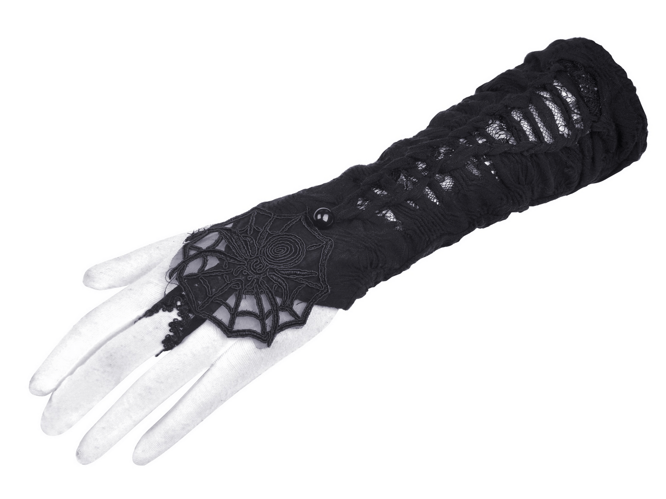 Gothic Lace Spiderweb Fingerless Gloves for Women featuring intricate spiderweb embroidery and elegant black lace design.