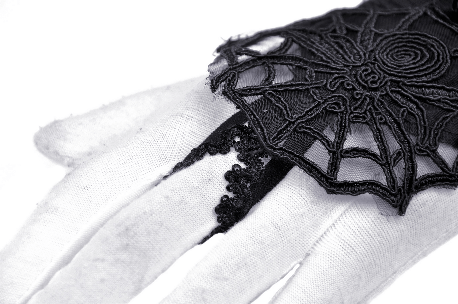 Gothic Lace Spiderweb Fingerless Gloves for Women showcasing intricate spiderweb embroidery and stylish lace detailing.