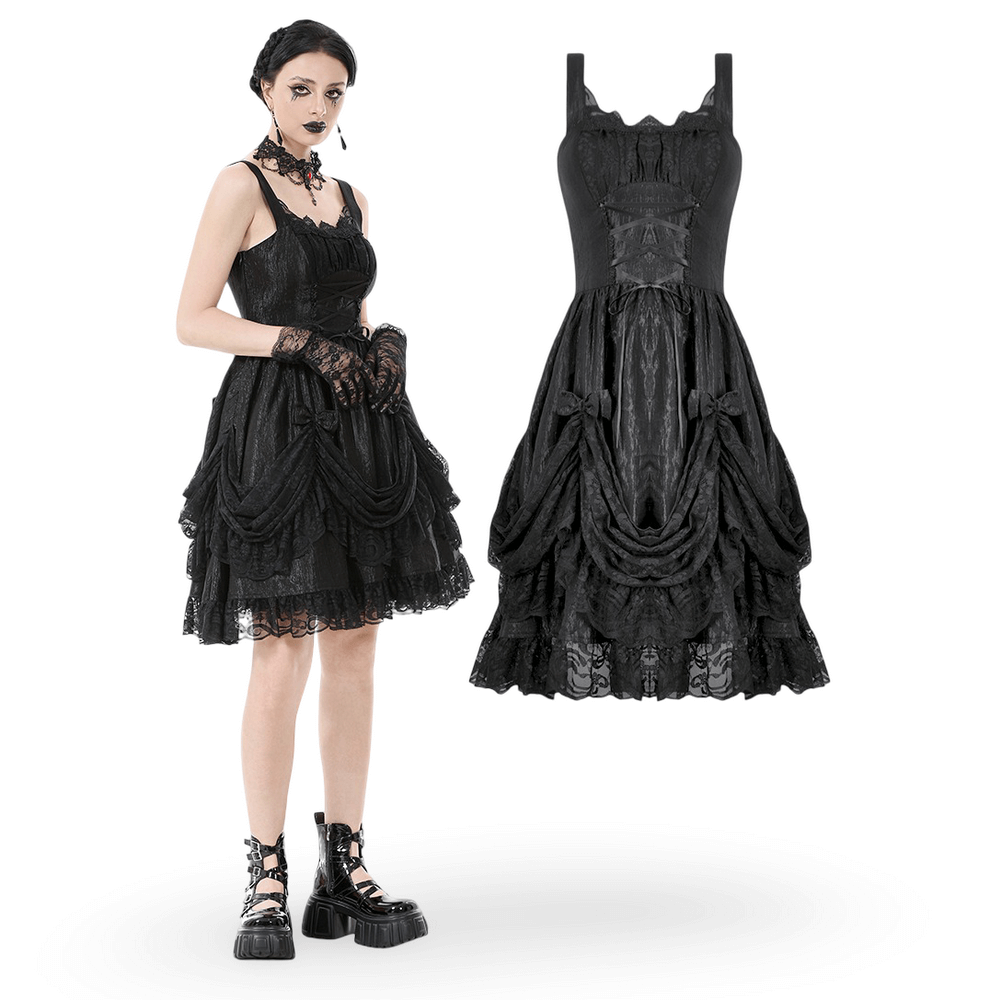 Gothic Lace Strap Dress with Ruffled Detailing and Lace Trim displayed on model and stand.