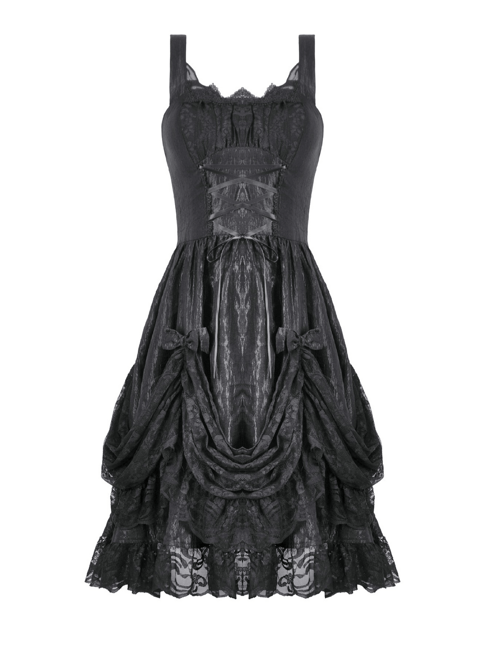 Gothic Lace Strap Dress with Ruffled Detailing and Lace Trim featuring intricate lace and ruffled skirt design.