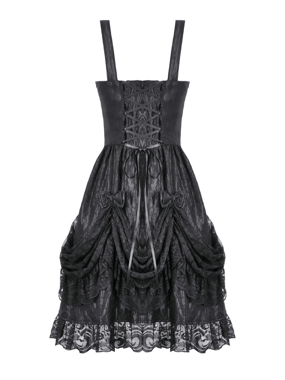Gothic Lace Strap Dress with Ruffled Detailing and Lace Trim showcasing intricate lace and ruffled design.