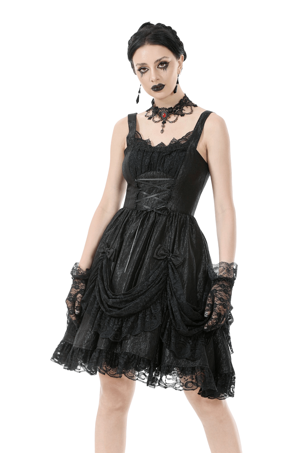 Gothic Lace Strap Dress with Ruffled Detailing and Lace Trim worn by a model, showcasing its dark elegance and vintage flair.