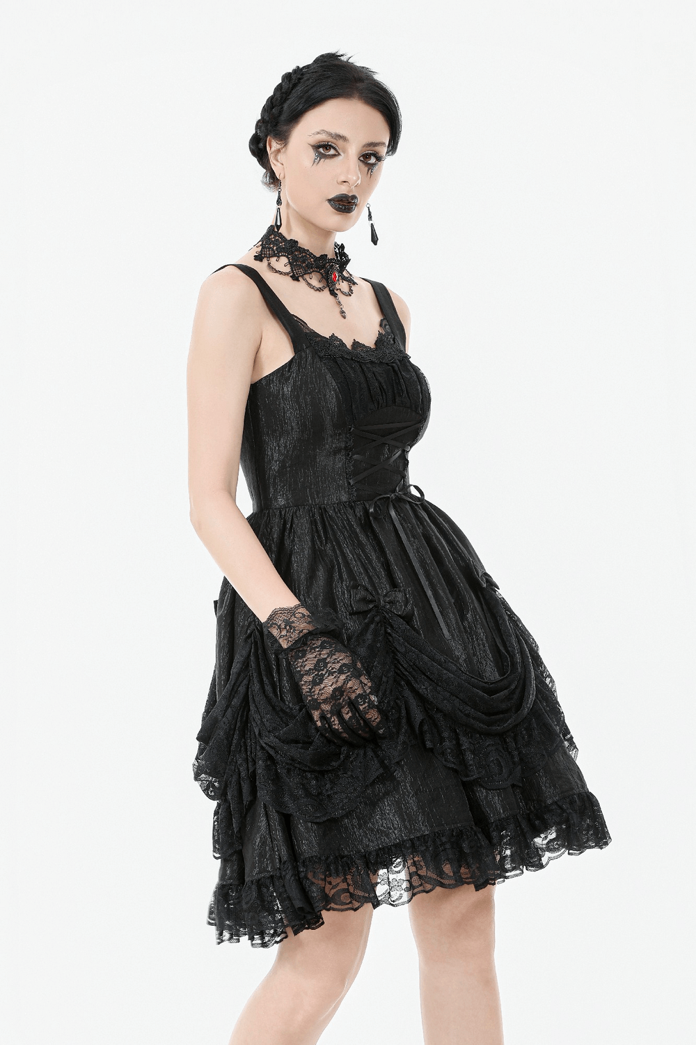 Gothic Lace Strap Dress with Ruffled Detailing and Lace Trim showcased on a model with dark makeup and accessories.