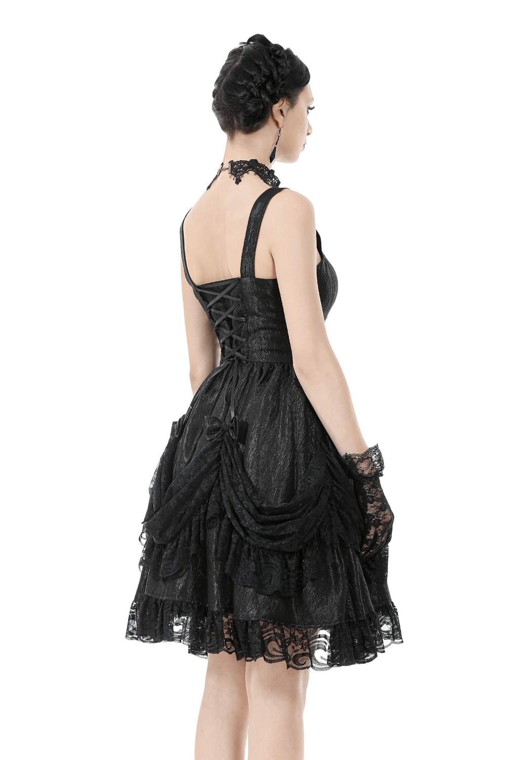 Gothic Lace Strap Dress with Ruffled Detailing and Lace Trim showcasing a corset-style lace-up back.
