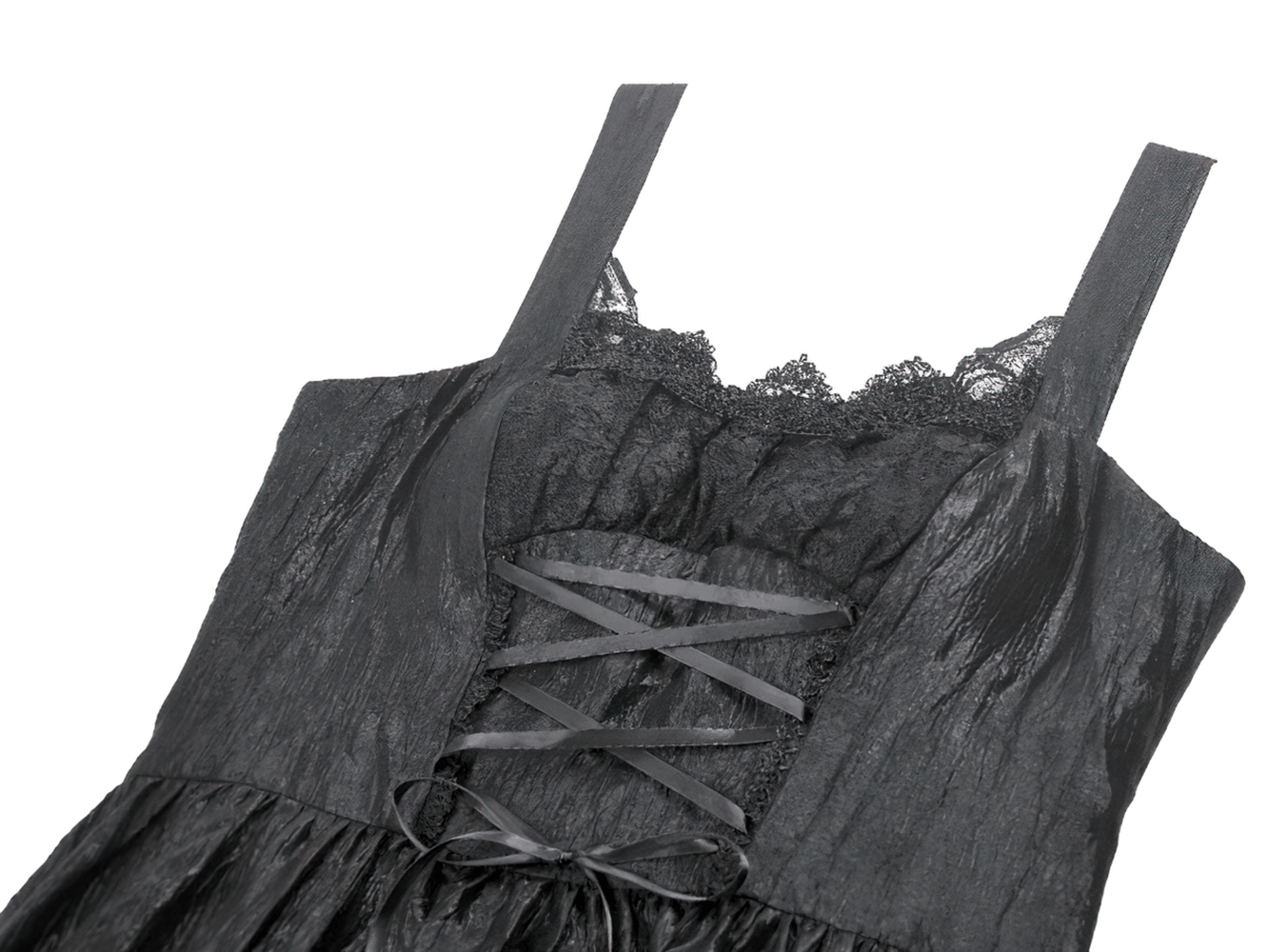 Gothic Lace Strap Dress with Ruffled Detailing and Lace Trim showcasing corset-style lace-up design and elegant lace accents.