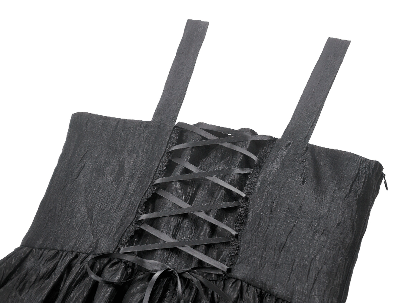 Gothic Lace Strap Dress with Ruffled Detailing and Lace Trim featuring corset-style lace-up design.