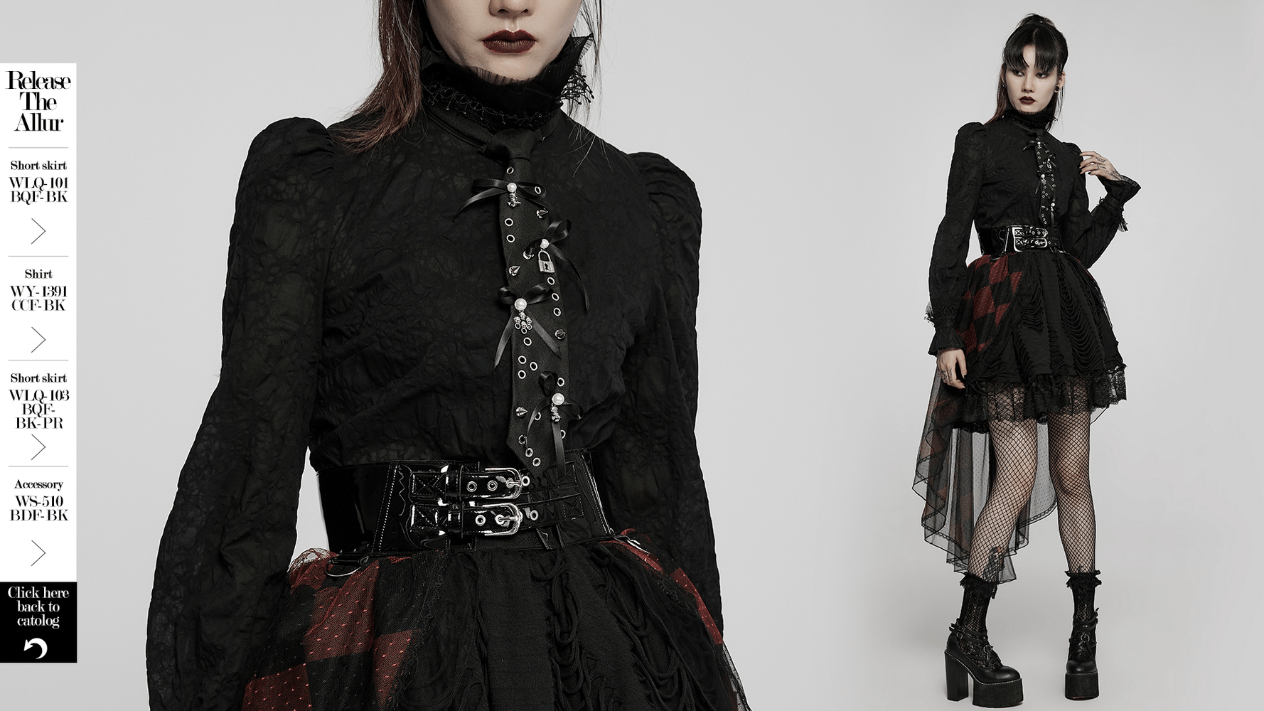 Gothic black dress with ruffled sleeves and layered skirt, featuring a stylish belt and edgy accessories.