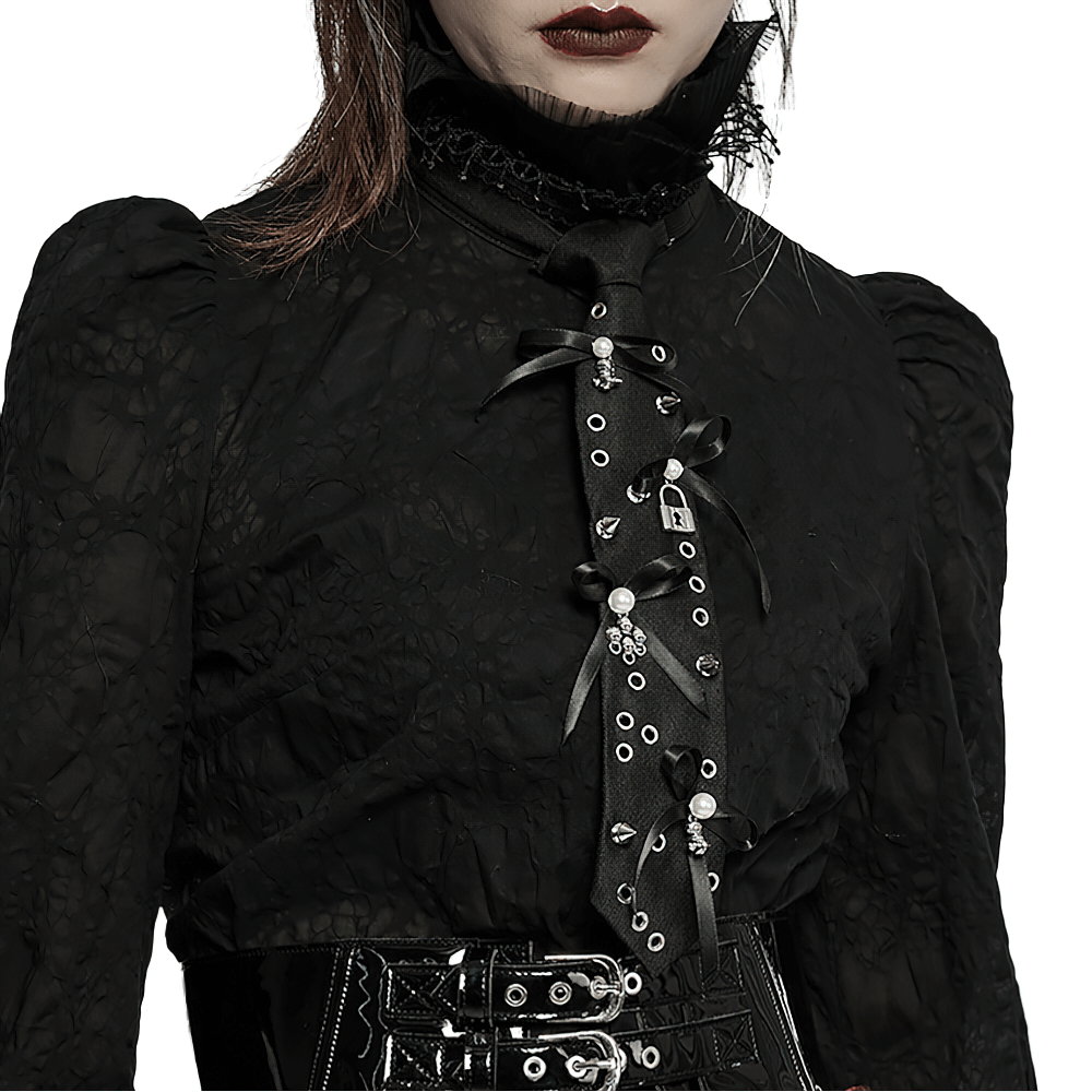 Gothic Lace Tie with Skull and Lock Charms for Women