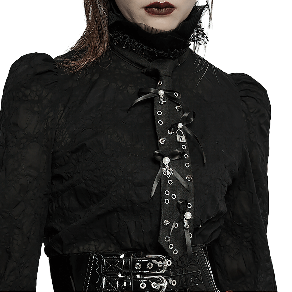 Gothic Lace Tie with Skull and Lock Charms styled in black, perfect blend of cute and edgy for punk fashion.