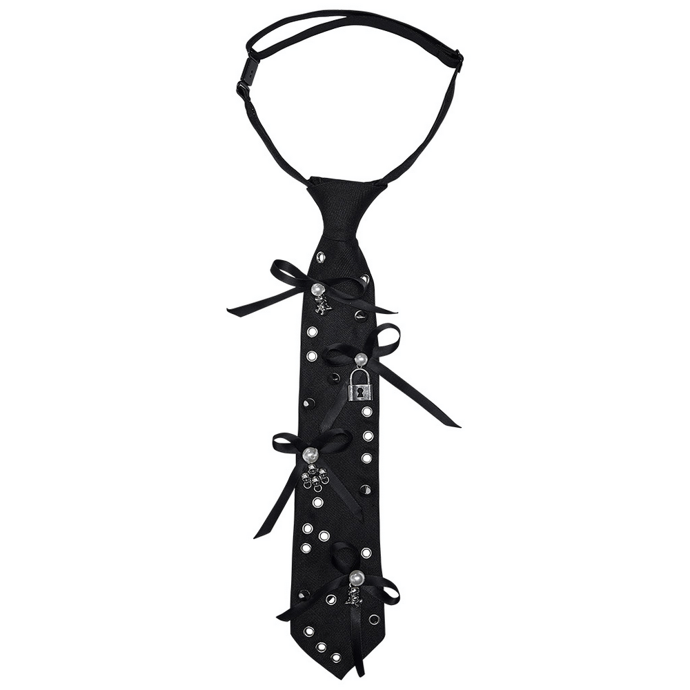 Gothic lace tie with skull and padlock charms, perfect for punk and gothic fashion lovers.