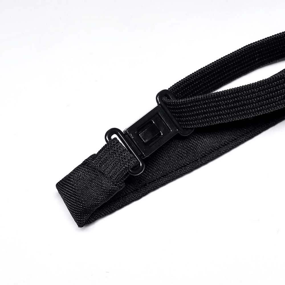 Close-up of a black adjustable tie featuring a durable buckle closure for a secure fit.