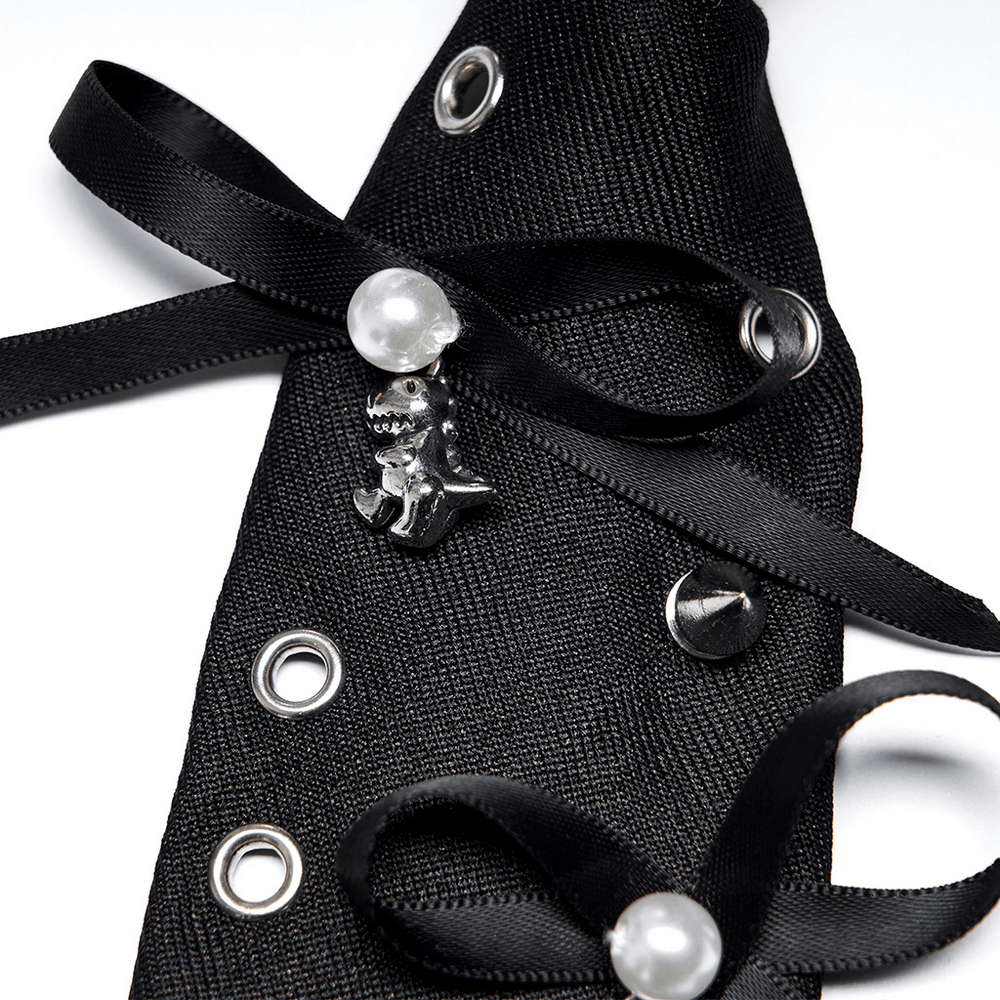 Gothic Lace Tie with Skull and Lock Charms for Women