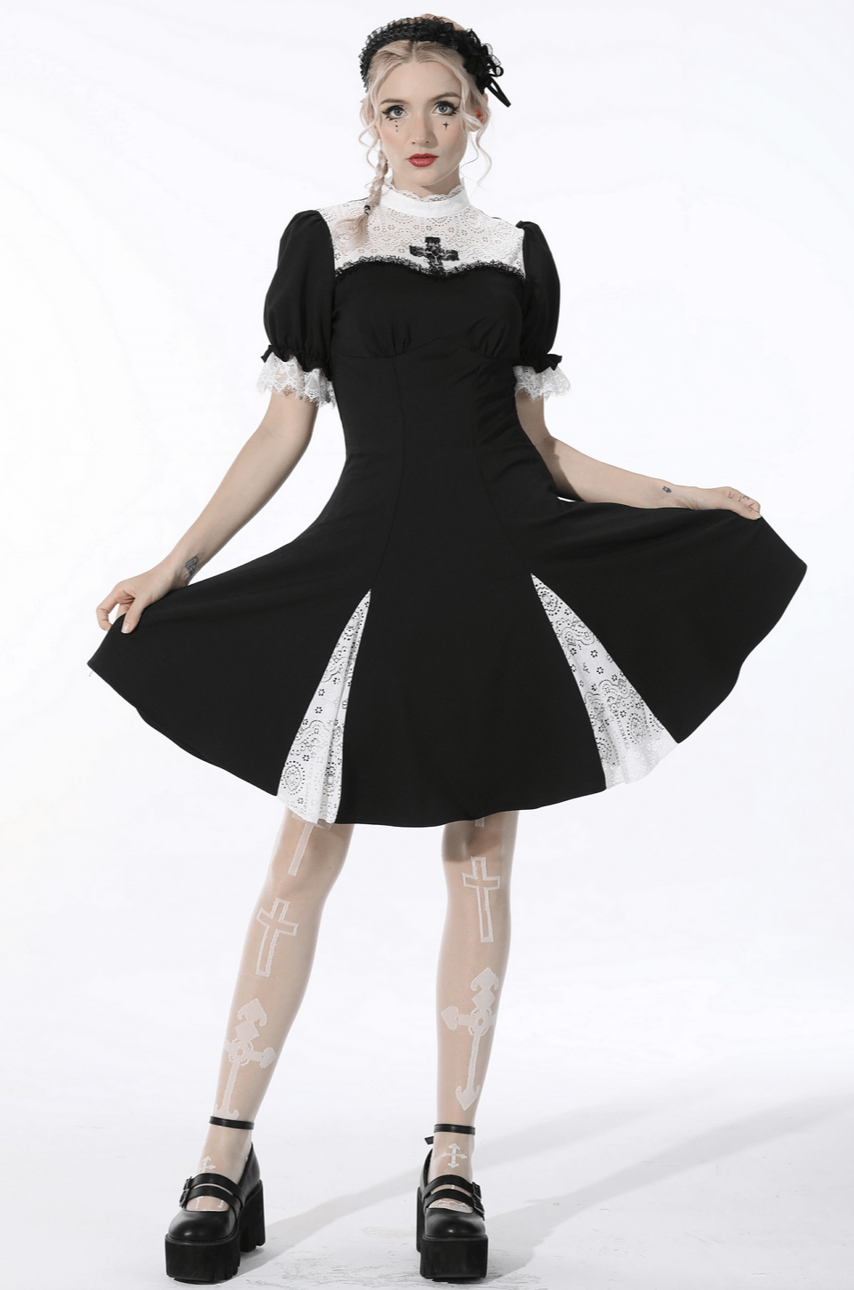 Gothic Lace Trim Cross Dress and Black Lolita Style