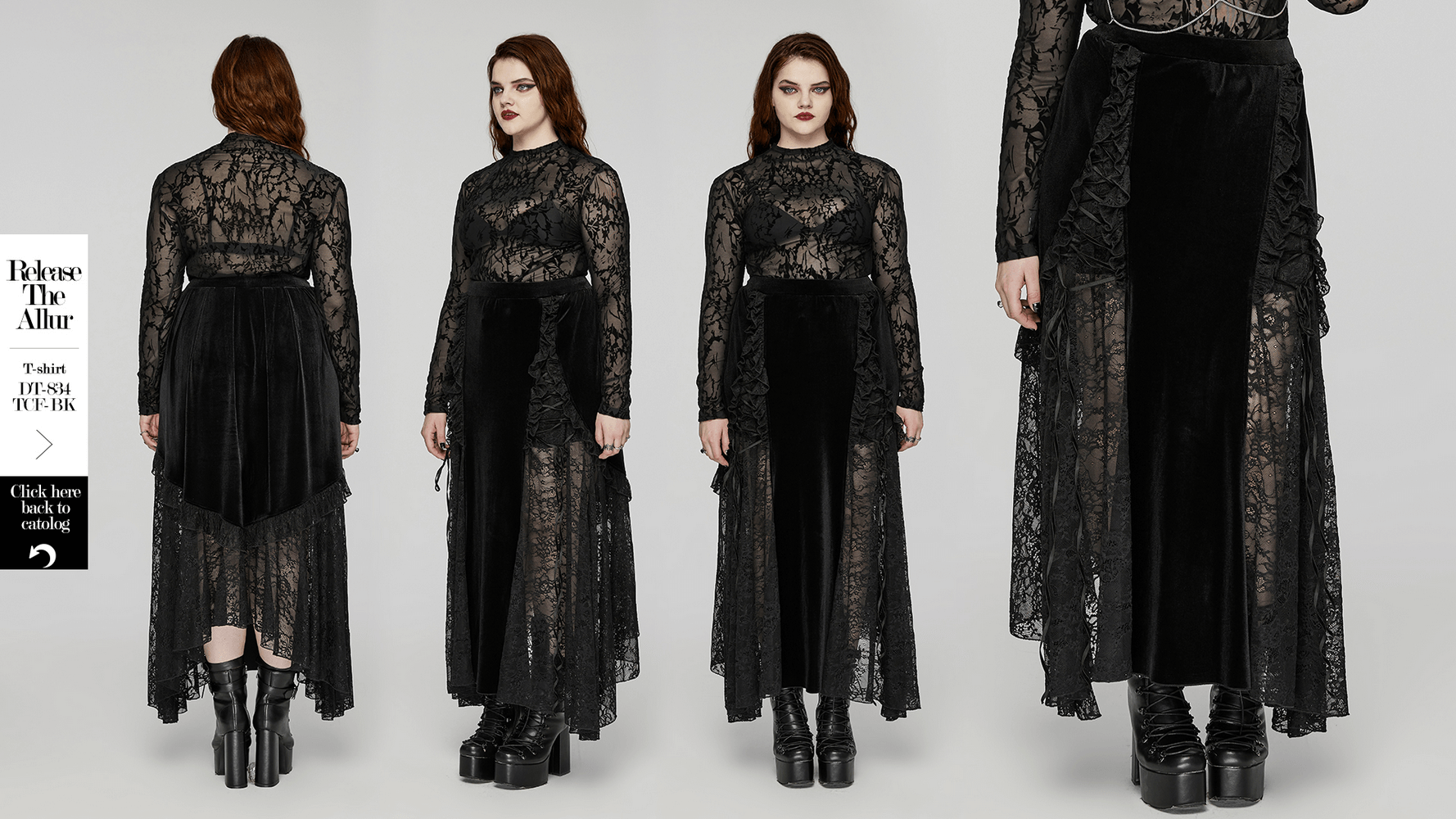 Gothic Lace-Trim Velvet Long Skirt With Lacing Detailing