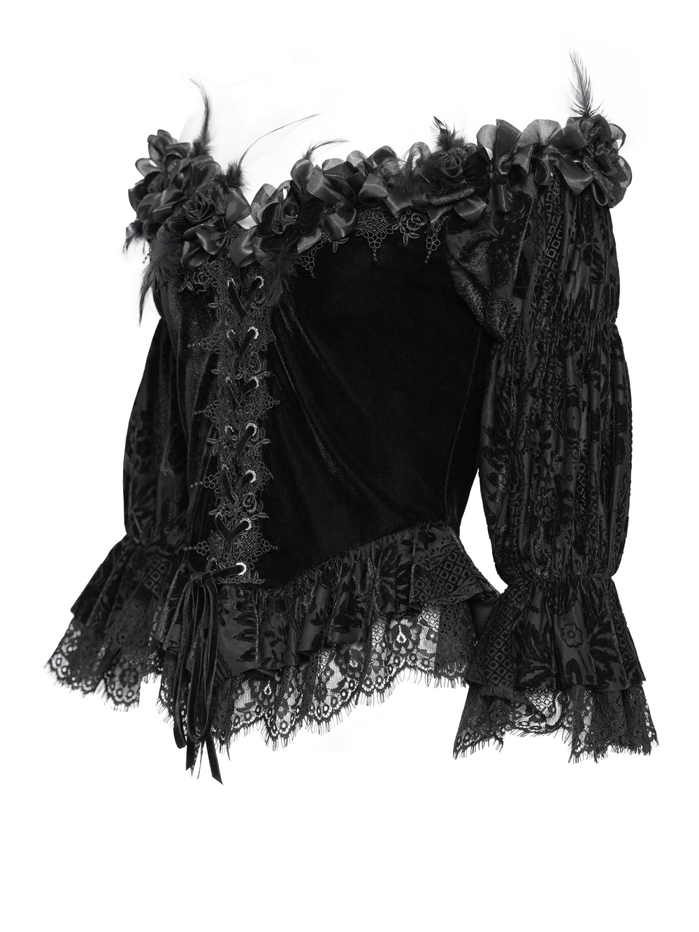 Gothic off-shoulder velvet blouse with lace trim, roses, and lace-up detail for a dramatic Victorian look.