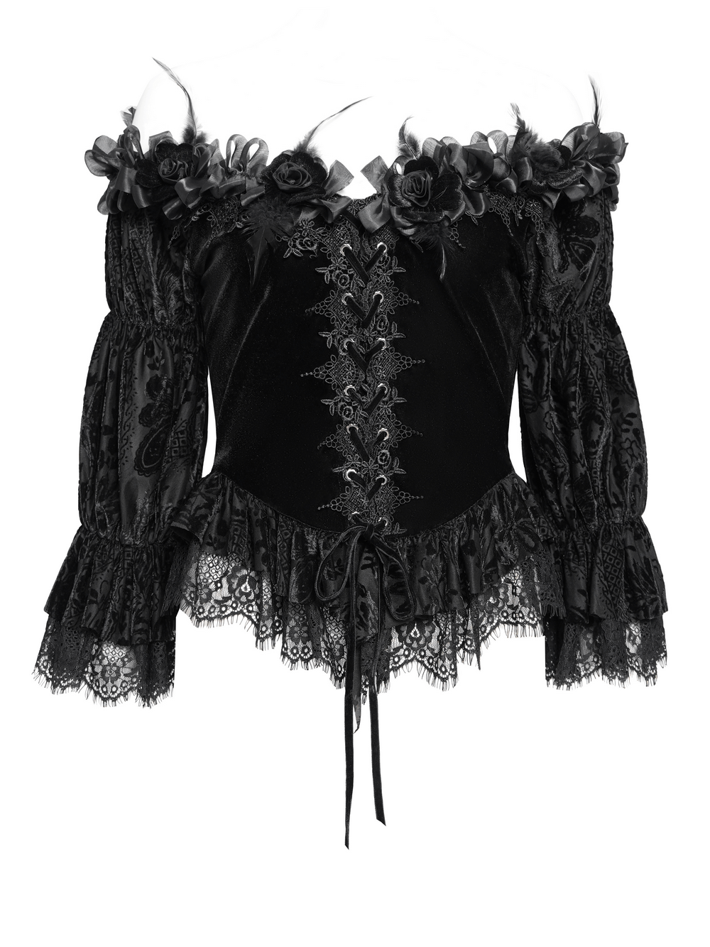 Gothic off-shoulder velvet blouse with lace trim, roses, and lace-up detail for a romantic Victorian look.