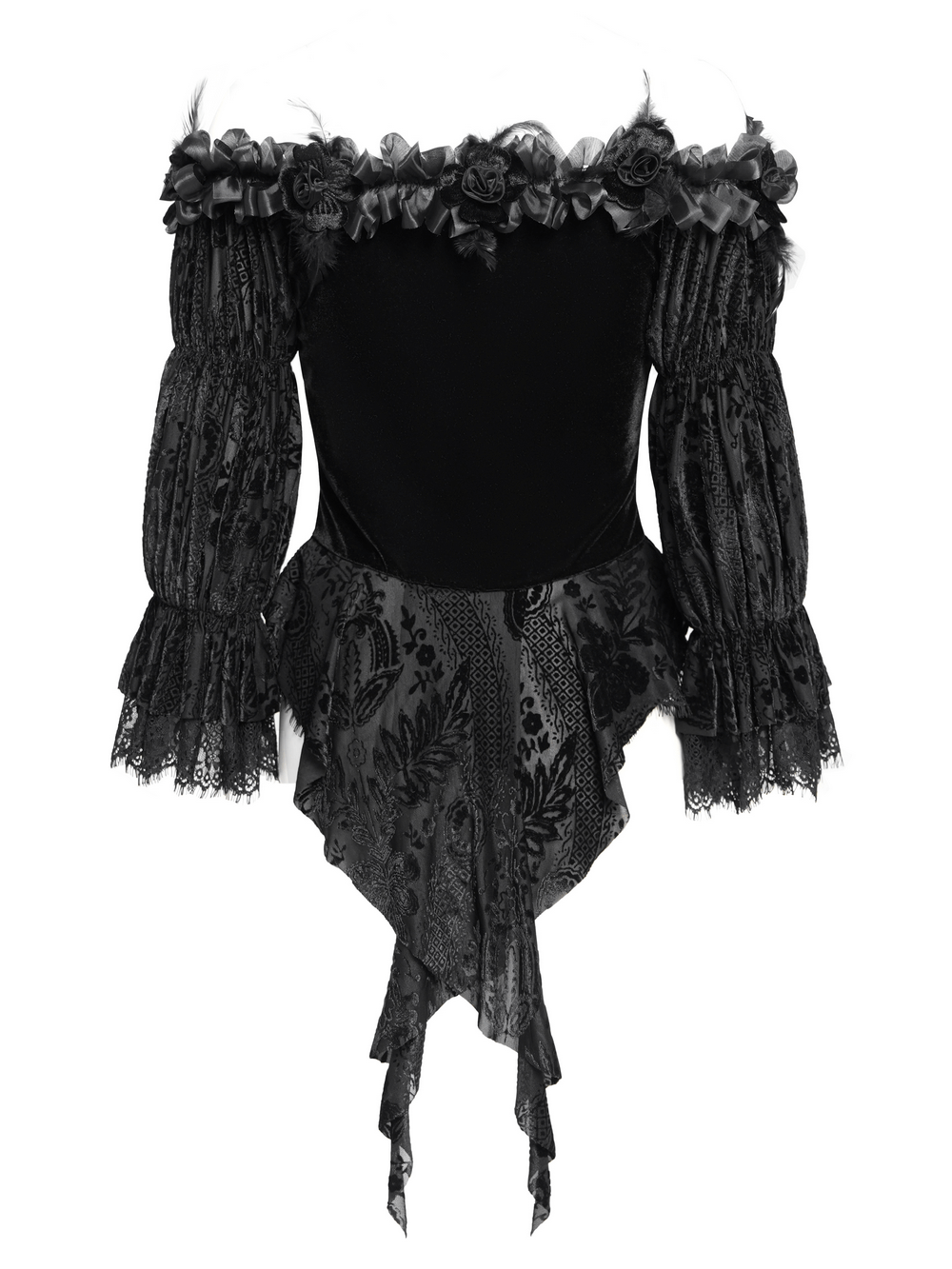 Gothic off-shoulder velvet blouse with lace trim, floral details, and dramatic puffed sleeves.