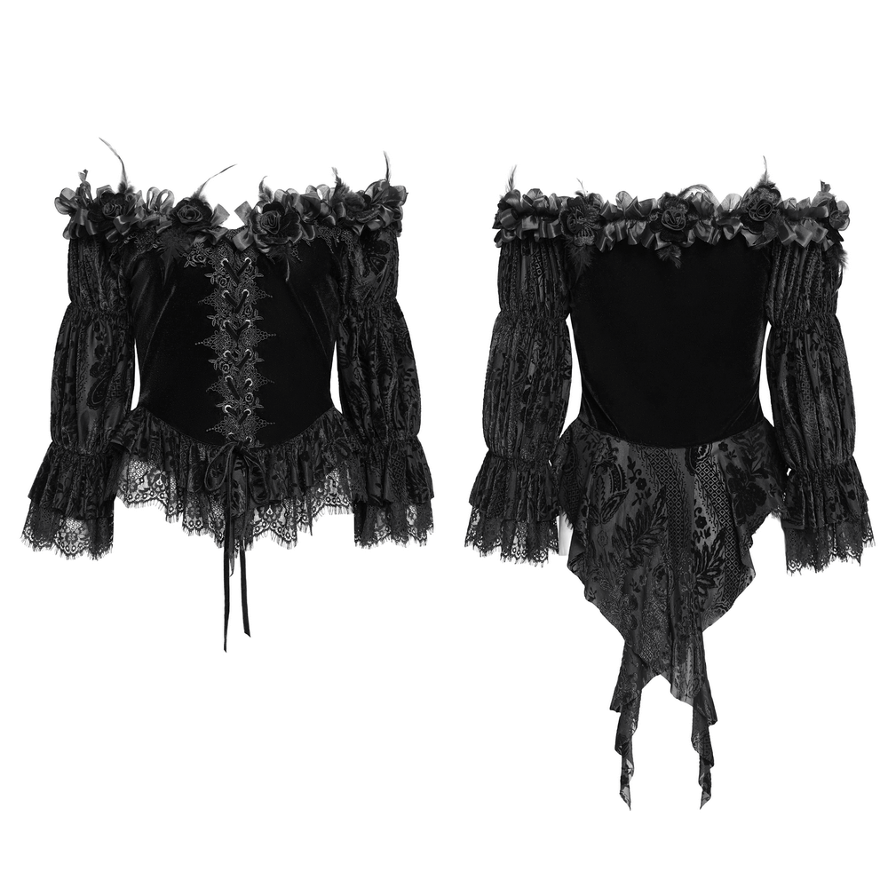Gothic lace-trimmed off-shoulder velvet blouse with floral details and lace accents.