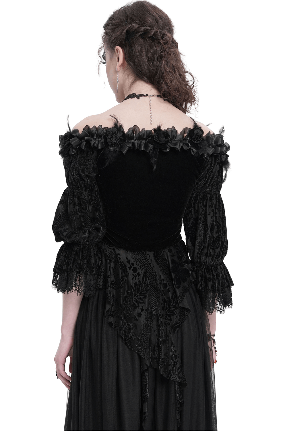 Back view of a gothic off-shoulder velvet blouse with lace and floral details, perfect for Victorian-inspired outfits.