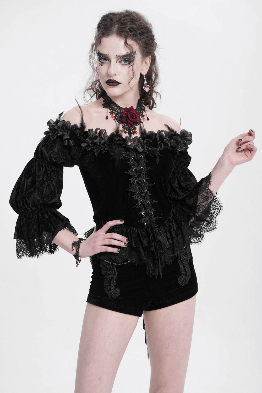 Gothic off-shoulder velvet blouse with lace trim and rose details, perfect for Victorian-inspired fashion.