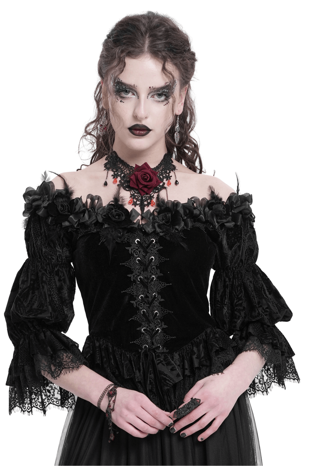 Gothic lace-trimmed off-shoulder velvet blouse with roses, perfect for vintage-inspired outfits.