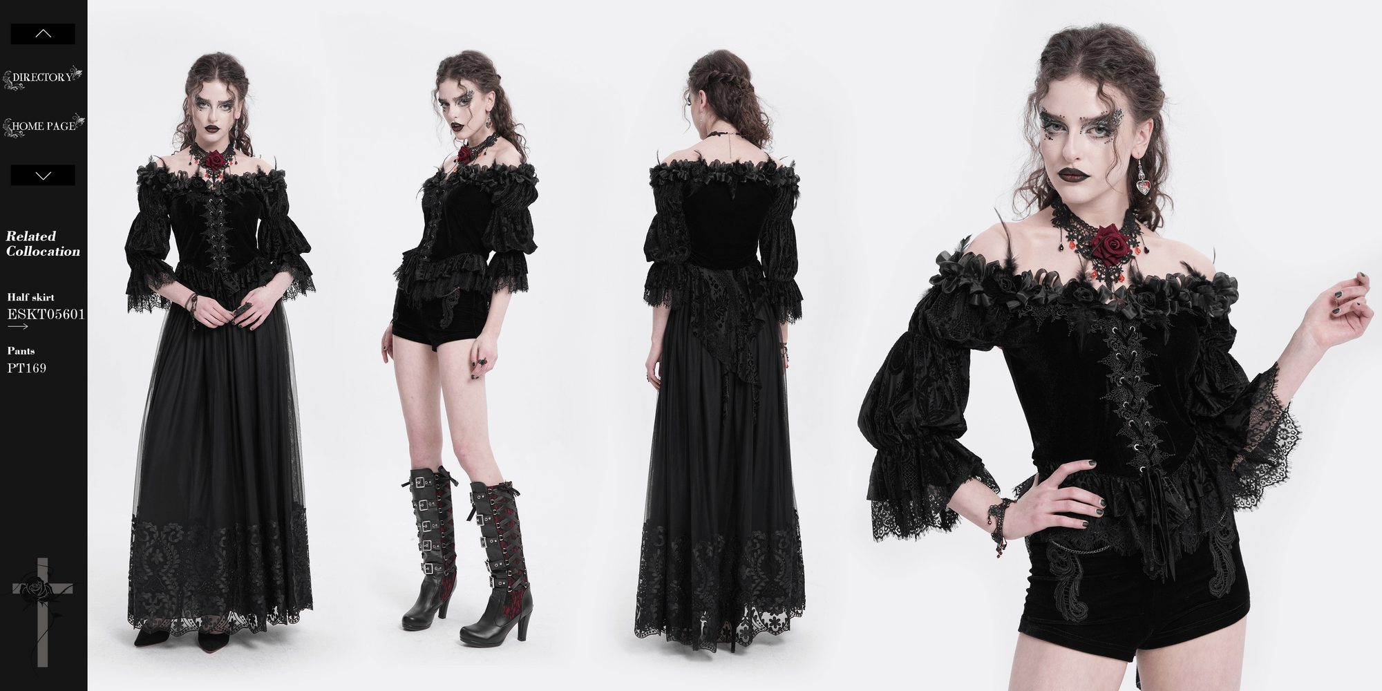 Gothic lace-trimmed off-shoulder velvet blouse with roses, perfect for Victorian-inspired fashion.