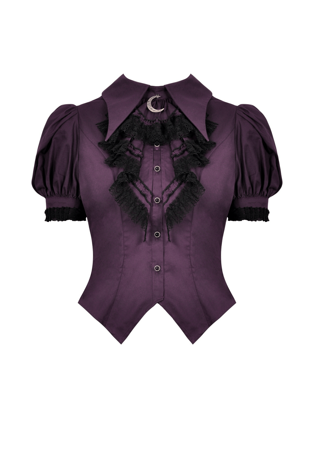 Gothic lace-trimmed puff sleeves blouse in dark purple with Victorian ruffles and moon pendant detail.