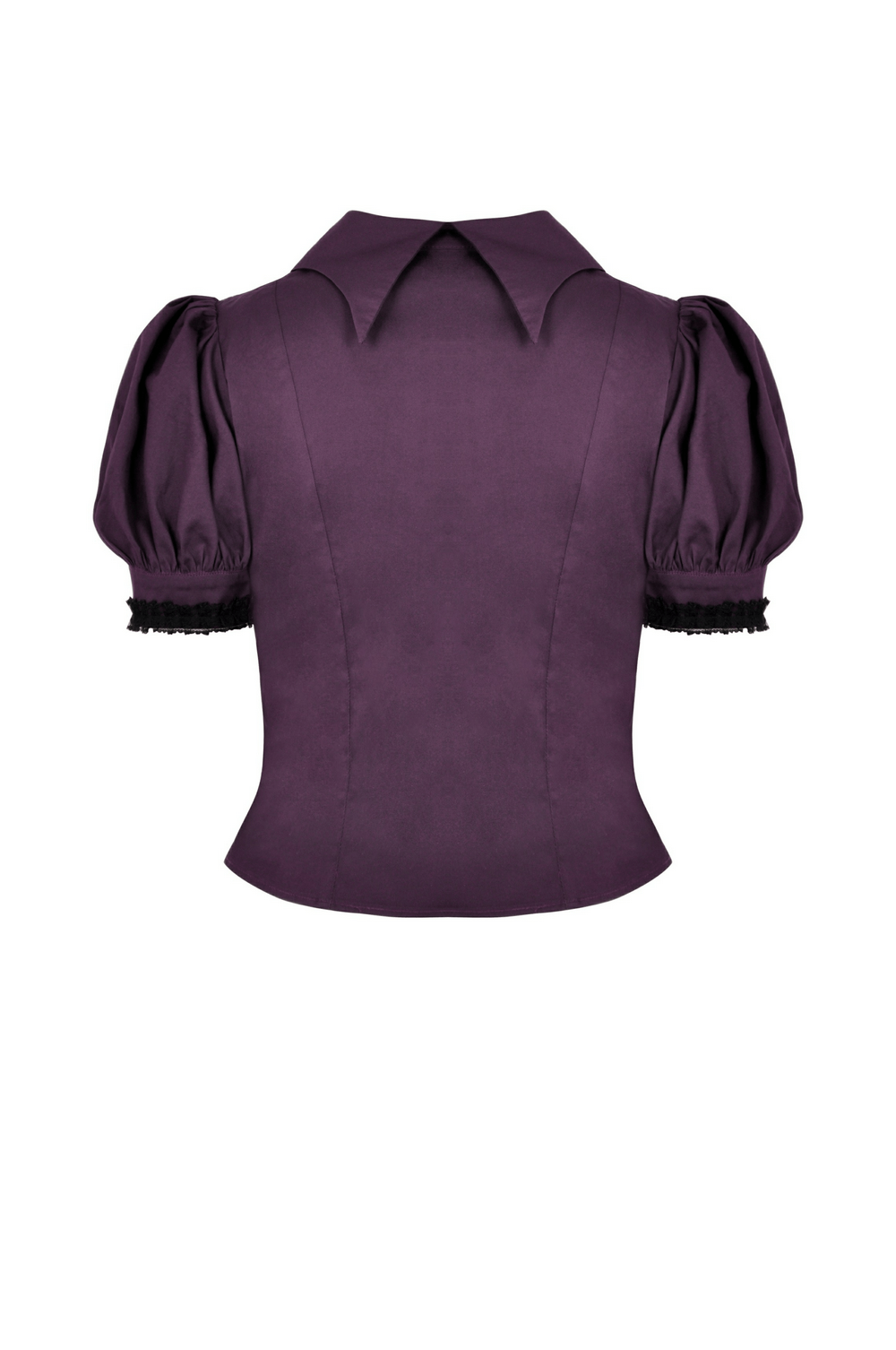 Back view of Gothic Lace-Trimmed Puff Sleeves Blouse in dark purple with Victorian ruffles and elegant collar.