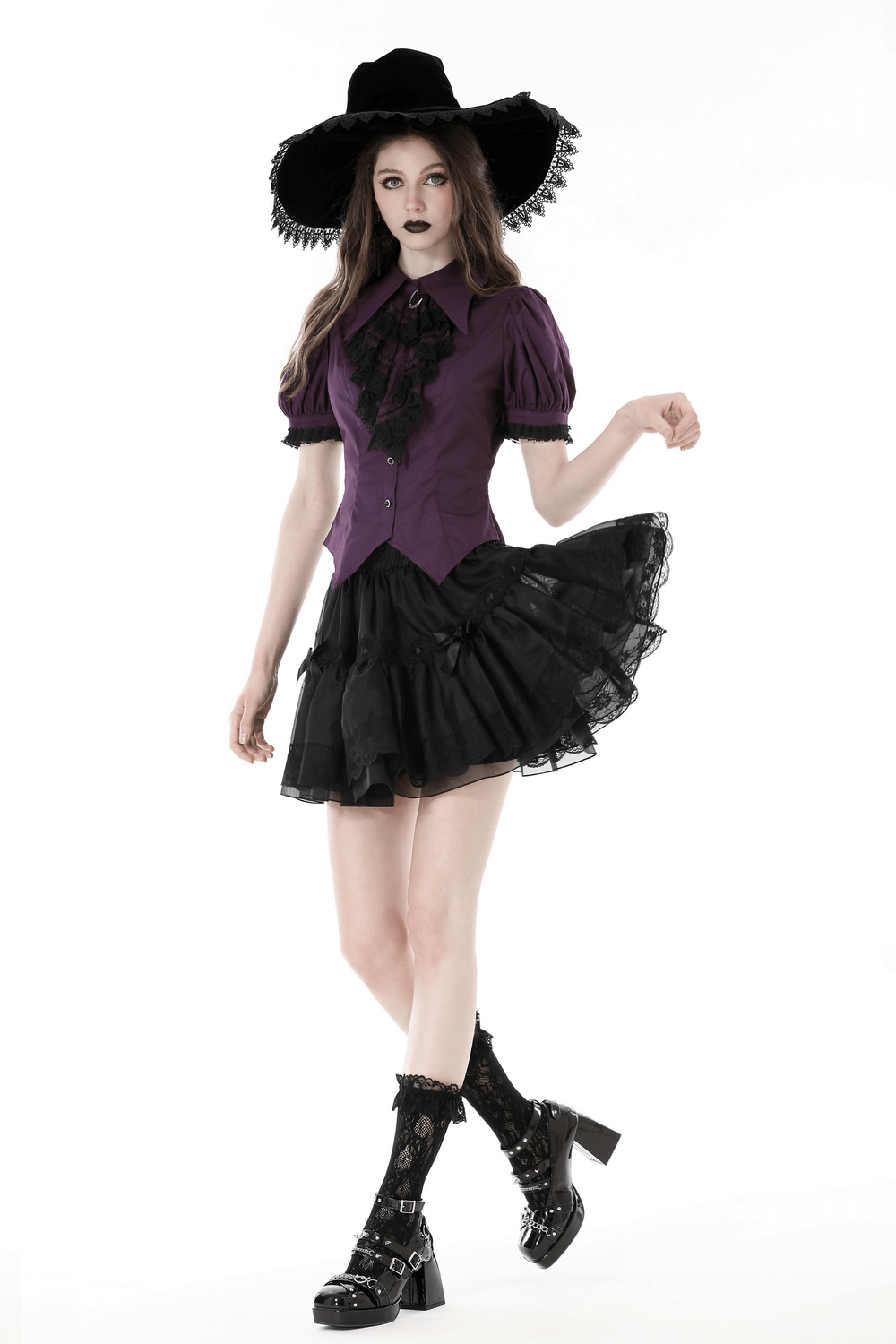 Model wearing a Gothic Lace-Trimmed Puff Sleeves Blouse with a black skirt and wide-brimmed hat, exuding vintage elegance.